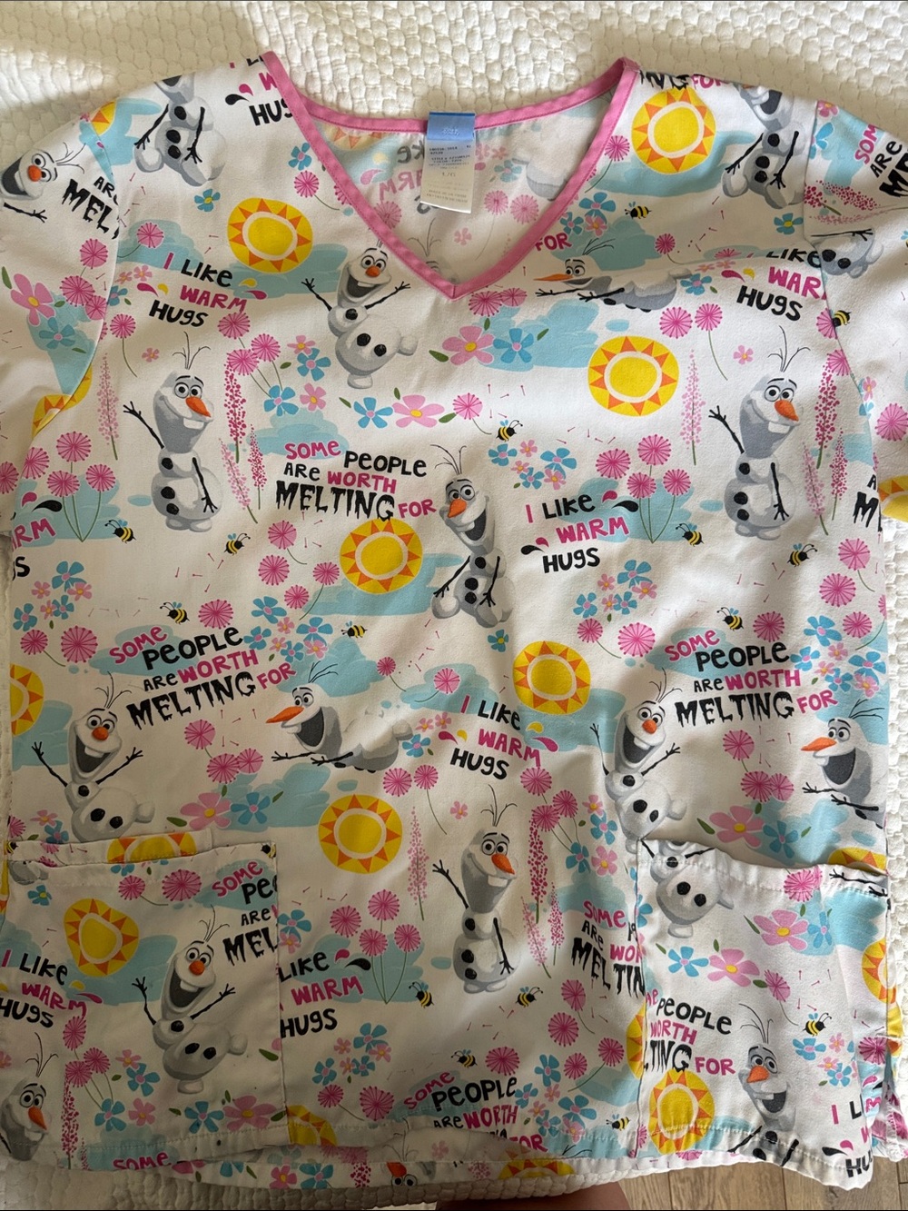 Olaf Themed V-Neck Scrub Top - White & Pink